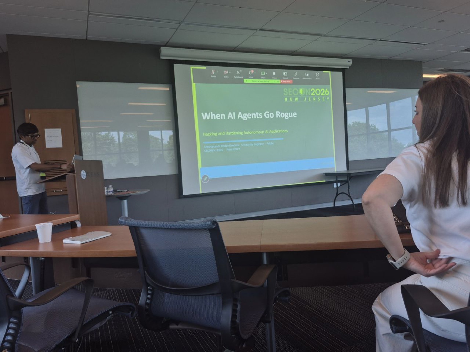 The "When AI Agents Go Rogue" title slide at SECON NJ 2026